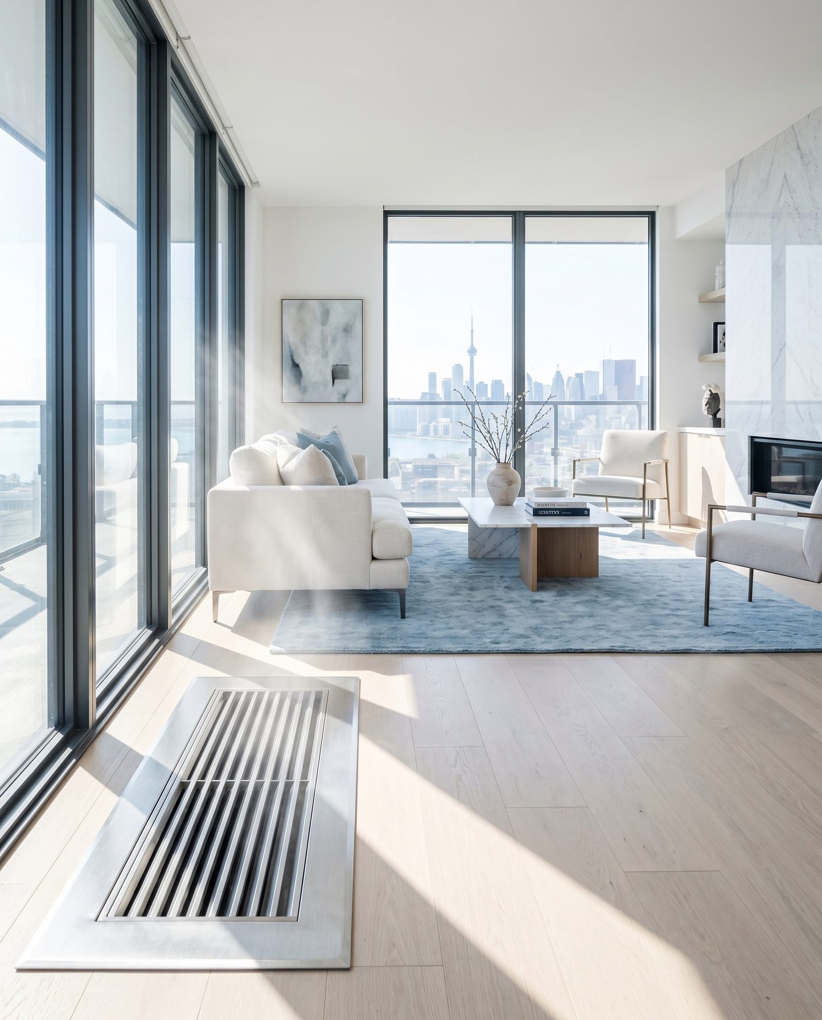 Sunlit modern living room with pristine air vents